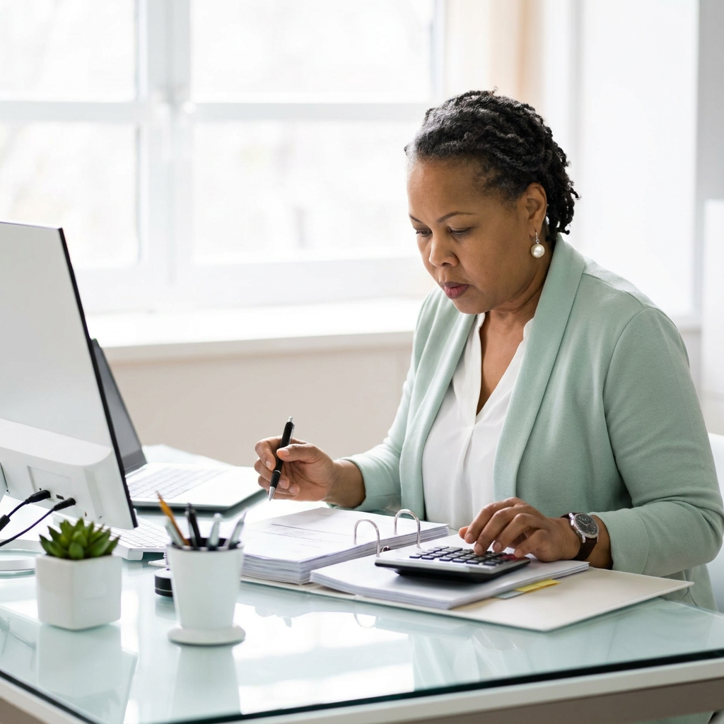 Sheronda reviewing business finances at her desk