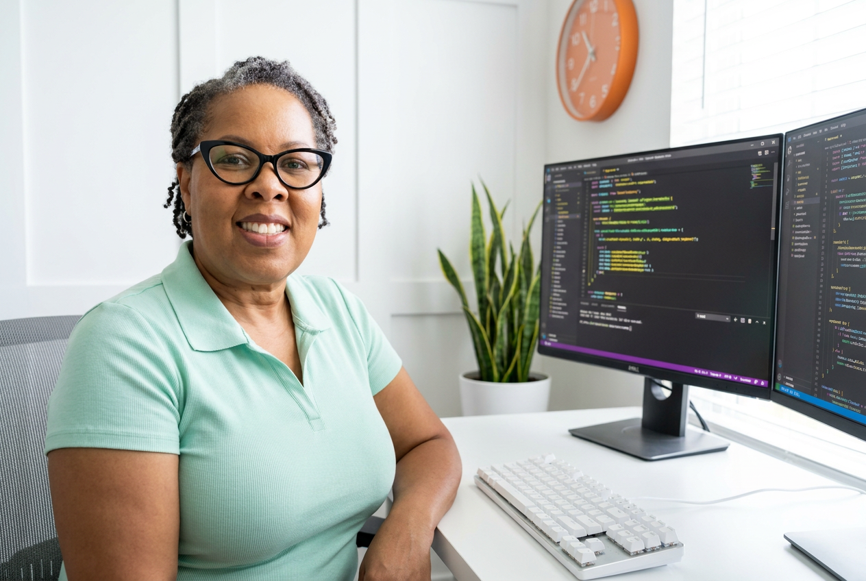 Sheronda at her desk reviewing code and payment systems on dual monitors